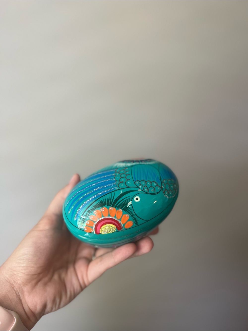 Source Unknown Teal and Orange Hand-Painted Glass Bird Trinket Box